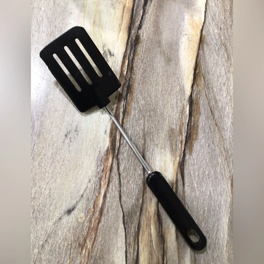 Vintage MCM Black Plastic Slotted Spatula Utensil 12” Retro Kitchen.